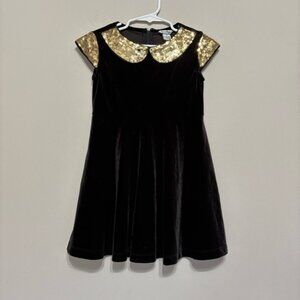 Hartstrings BlackVelvet Gold Sequin Faux CollarShort Sleeve Dress Size 4